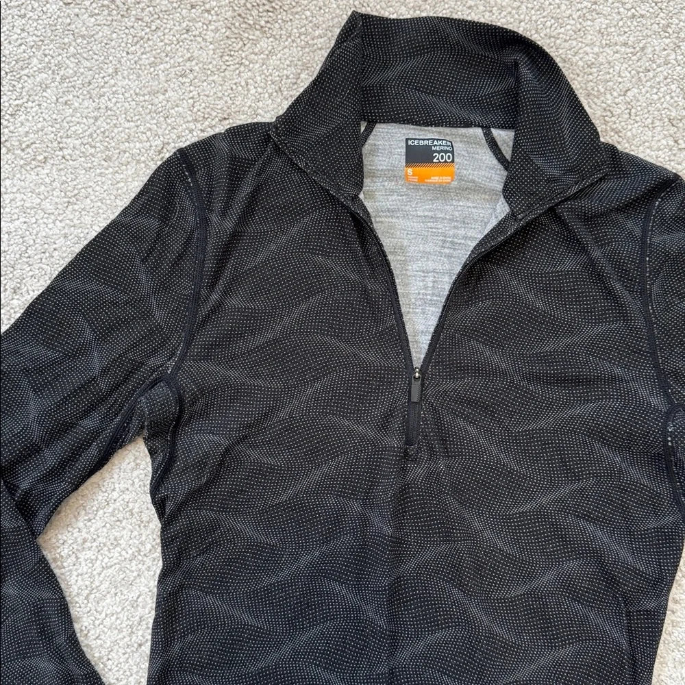 Icebreaker Merino 200 Half-Zip Long Sleeve Base Layer Shirt Black Print SzS - Picture 2 of 11